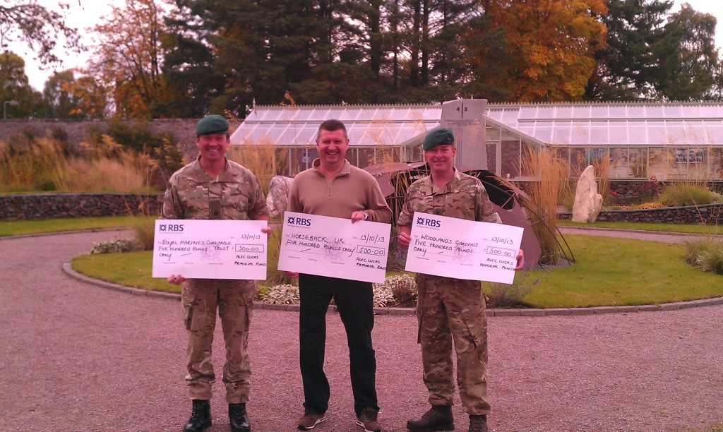 Representatives of Horseback UK, Woodland Garden Arbroath and Royal Marines Charitable Trust Fund receiving their cheques.