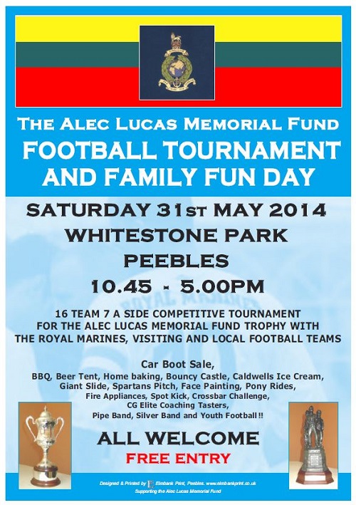 Poster advertising Alec lucas Memorial Football Tournament, 31 May 2014, Peebles