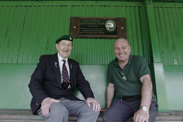  Adrian Lucas with Douglas Davidson of the Royal Marine Association, Edinburgh Branch in the Whitestone Park stand..